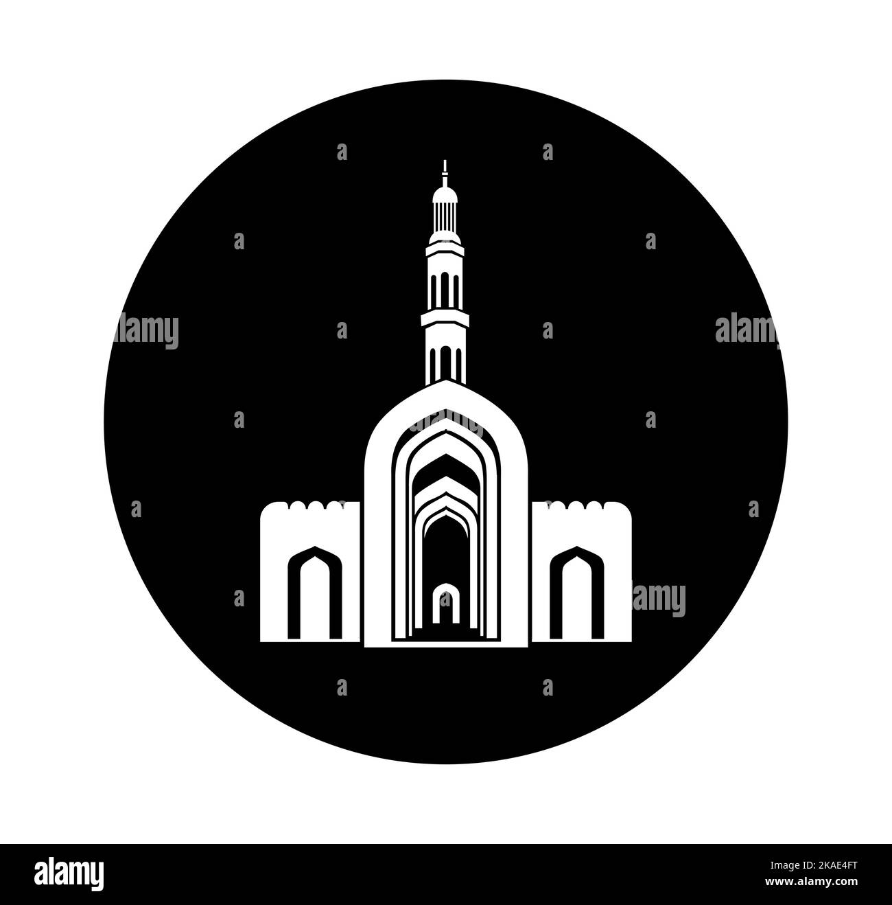 Sultan Qaboos Grand Mosquée icône vectorielle. Illustration vectorielle de la Grande Mosquée Sultan Qaboos, porte d'entrée de la Grande Mosquée Sultan Qaboos en noir et blanc Illustration de Vecteur