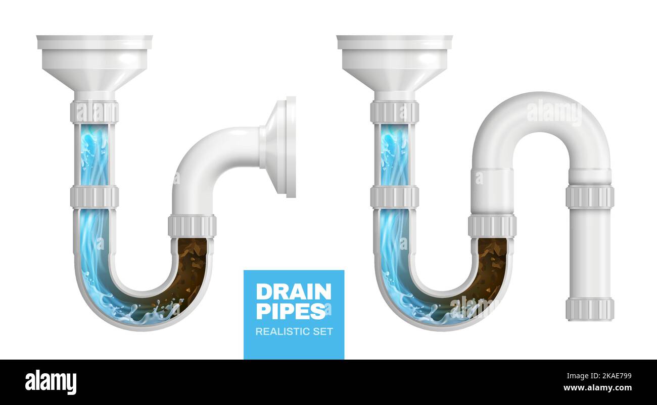 Siphons d'égouts obstrués par de la boue et du détergent liquide de nettoyage illustration vectorielle isolée réaliste de composition Illustration de Vecteur