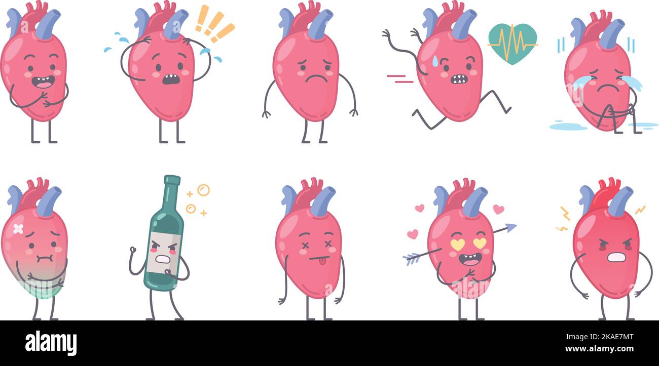 Personnages d'organes humains ensemble de dessins animés avec des images isolées de coeur humain anatomique avec le visage et les membres illustration vectorielle Illustration de Vecteur