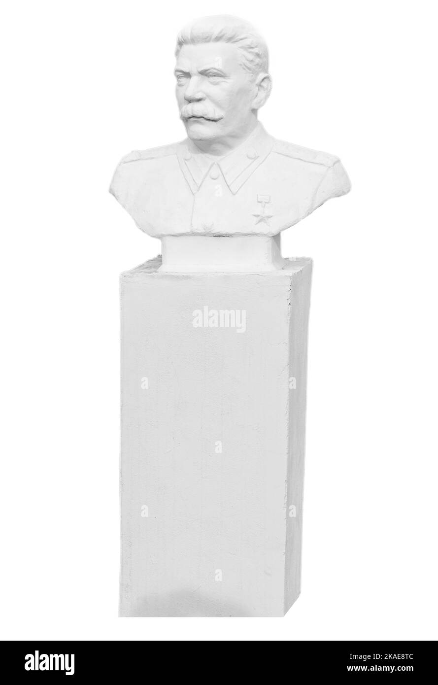 Buste de Joseph Vissarionovich Staline isolat rapproché sur fond blanc. Banque D'Images