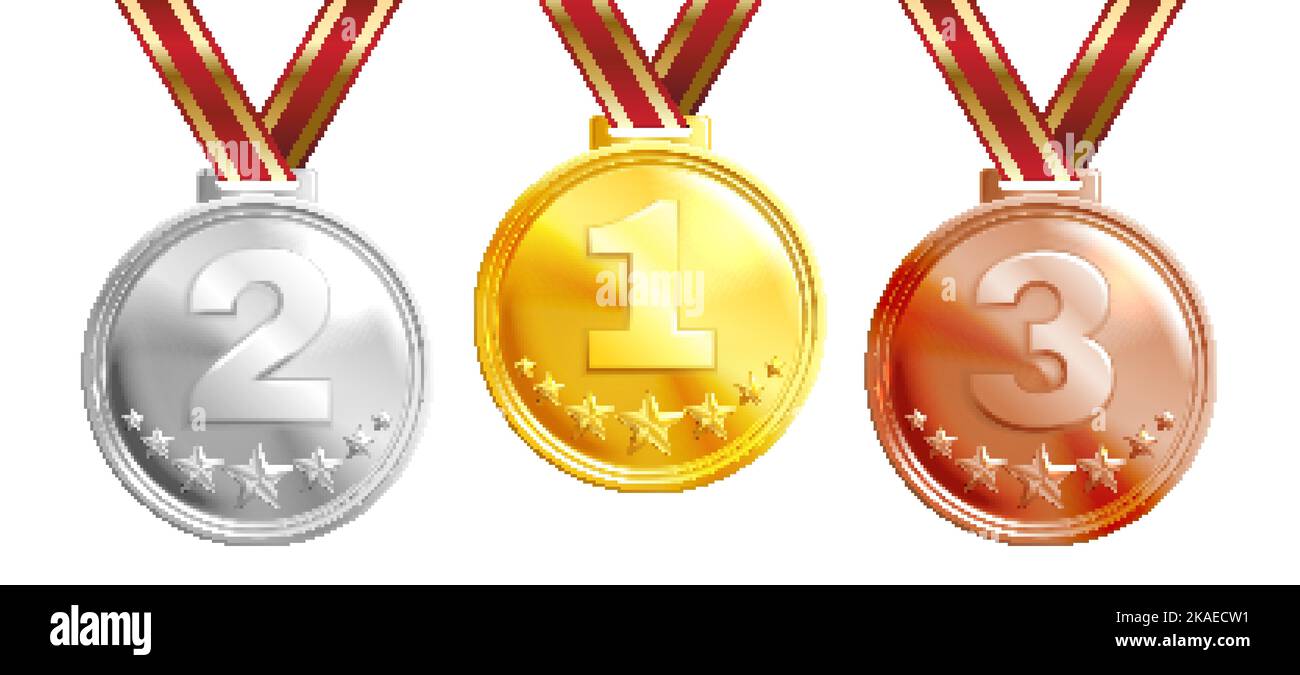 Ensemble réaliste de médailles d'argent doré et de bronze avec rubans rouges illustration vectorielle isolée Illustration de Vecteur