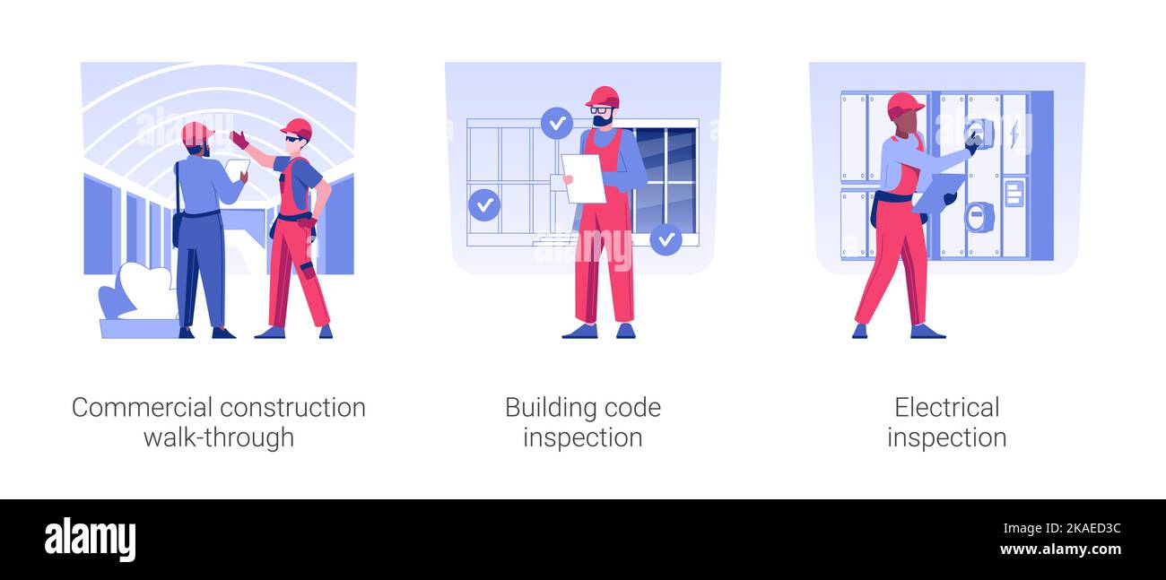 Kit d'illustrations vectorielles isolées pour l'inspection de la progression de la construction commerciale. Inspection de construction commerciale, code du bâtiment et inspection électrique, rédaction d'une caricature vectorielle de rapport. Illustration de Vecteur