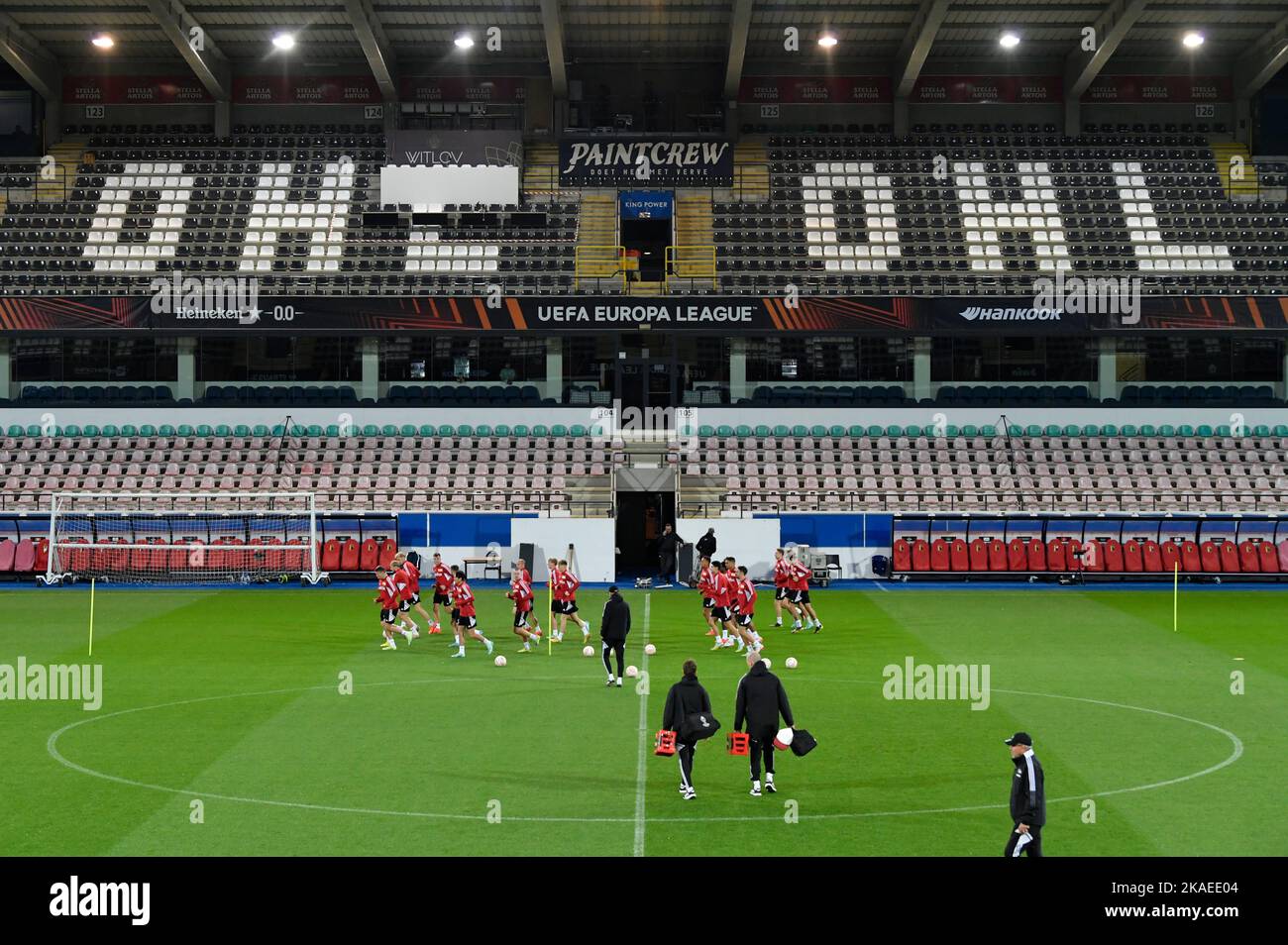 Les joueurs de Berlin et de courir lors d'une session d'entraînement de l'équipe allemande de football Union Berlin, mercredi 02 novembre 2022 à Heverlee, en préparation du match de demain contre l'équipe belge de football Royale Union Saint-Gilloise le jour 6/6 de la scène du groupe de l'UEFA Europa League. BELGA PHOTO JOHN THYS Banque D'Images