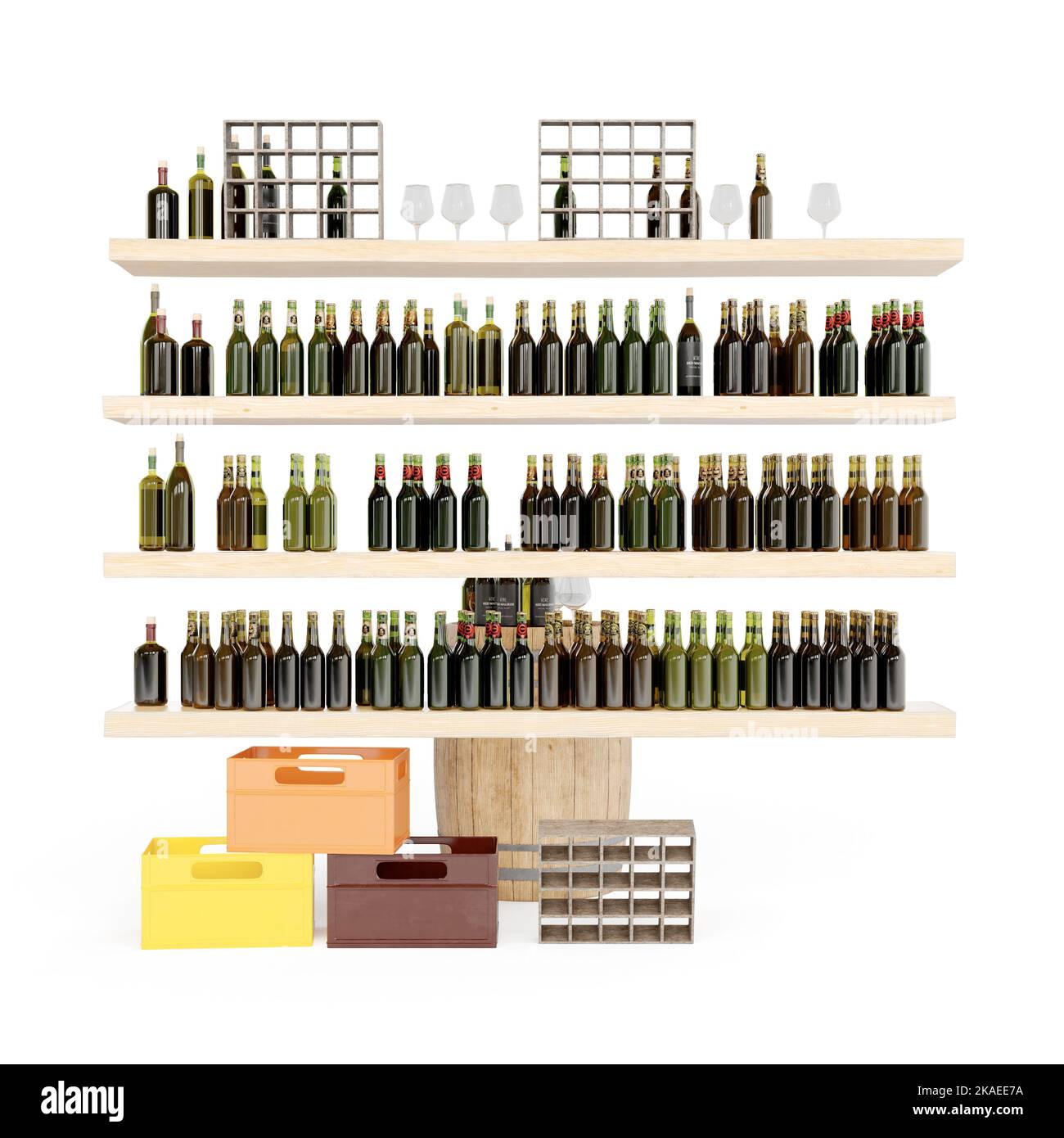 Un 3D rendu de clayettes en bois pour bouteilles de vin devant des boîtes de stockage sur fond blanc Banque D'Images