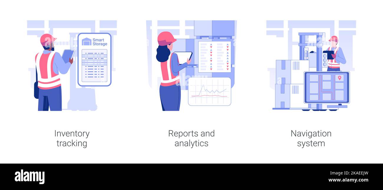 Ensemble d'illustrations vectorielles de concept isolées du système de gestion d'entrepôt. Logiciel de suivi des stocks, rapports et analyses de marchandises en stock, système de navigation dans le dessin animé de vecteur commercial de gros. Illustration de Vecteur