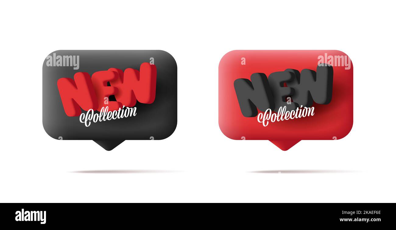 Nouvelle collection 3D tag, bulle arrondie avec lettres, noir et rouge, isolé Illustration de Vecteur