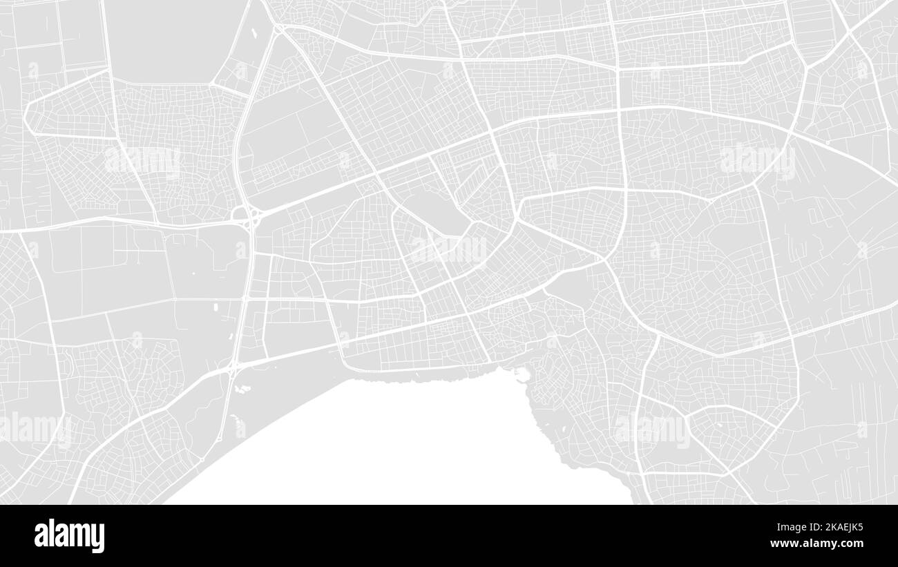 Carte d'arrière-plan vectorielle de la ville d'Antalya, blanc et gris clair, routes et illustration de l'eau. Format écran large, feuille de route de la conception numérique à plat. Illustration de Vecteur