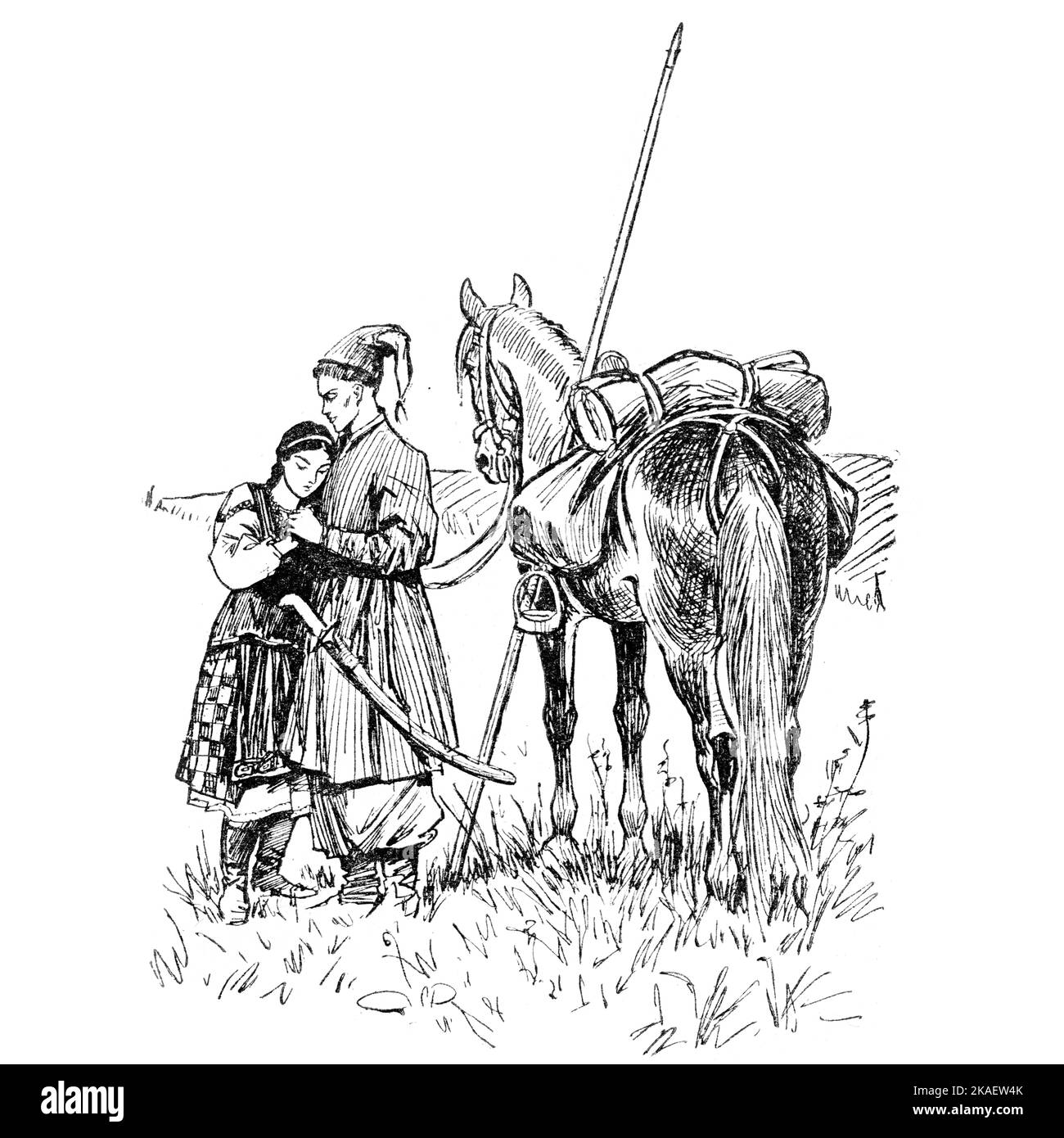 Illustration du livre Bohdan Khmelnytskyi, M. Starytskyi. VERS 1646 : Oleksa Morozenko (Akhmetka) et Oksana Zolotarenko. Départ de Morozenko f Banque D'Images