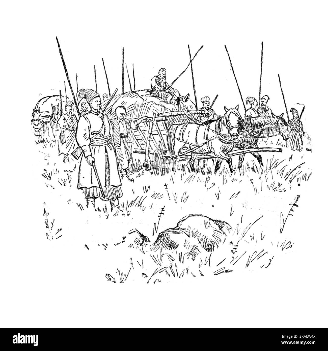 Illustration du livre Bohdan Khmelnytskyi, M. Starytskyi. VERS 1646: Cosaques près du lac Kayalnyk. L'illustration montre un ancien chariot Cossack Banque D'Images