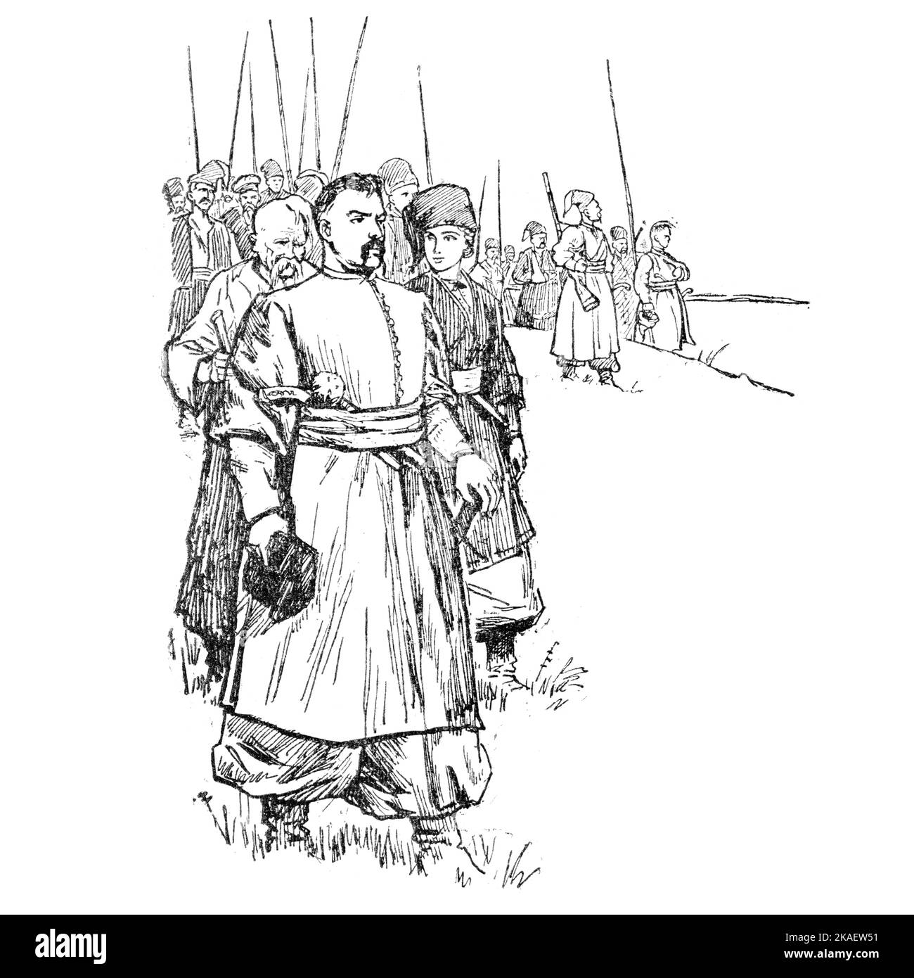 Illustration du livre Bohdan Khmelnytskyi, M. Starytskyi. VERS 1646 : Bohdan Khmelnytskyi près du lac Kayalnyk. À droite, une fille habillée comme Banque D'Images