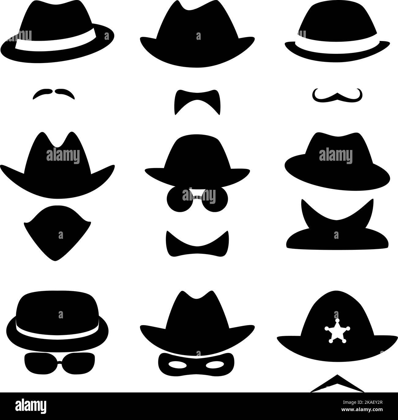 Icônes des criminels et des policiers. Incognito. Détectives. Poirot, inspecteur Jeff, professeur Marriarty. Collection de célèbres, anonymes et strang Illustration de Vecteur