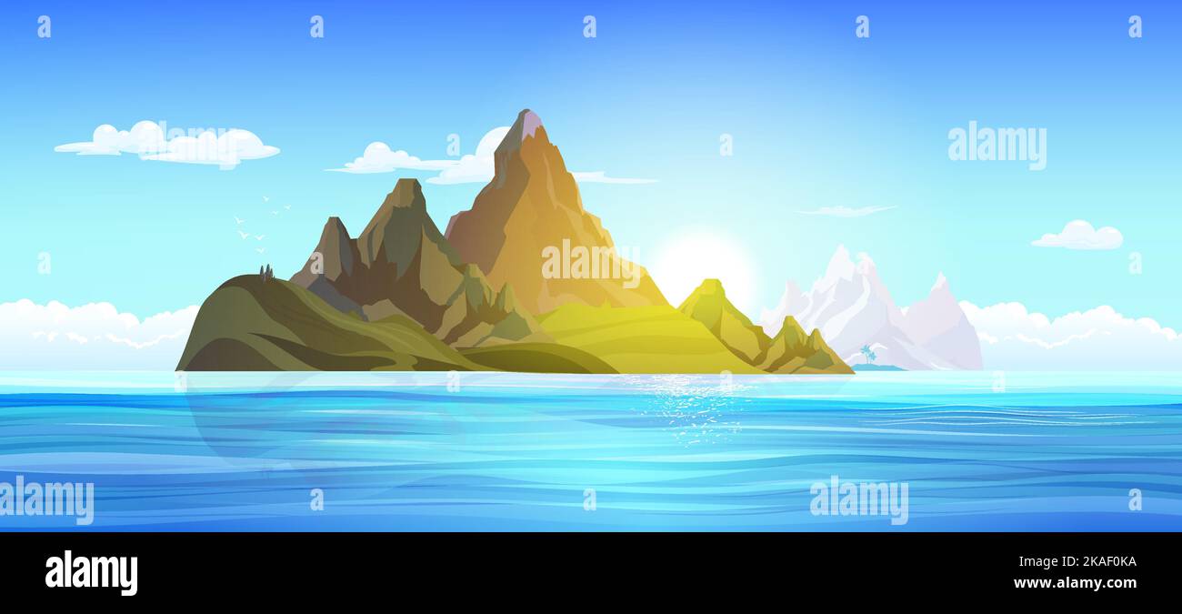 Paysage plat de mer bleue et d'îles vertes avec des montagnes sur fond avec illustration du vecteur ciel clair Illustration de Vecteur