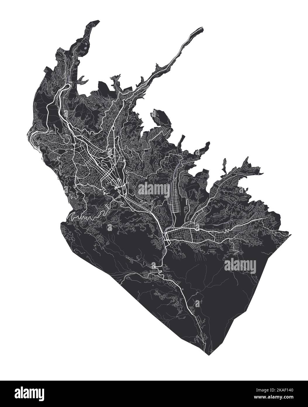 Carte vectorielle la Paz. Carte vectorielle détaillée de la zone administrative de la Paz. Vue sur l'aria métropolitain avec affiche CityScape. Terre noire avec routes blanches et av Illustration de Vecteur