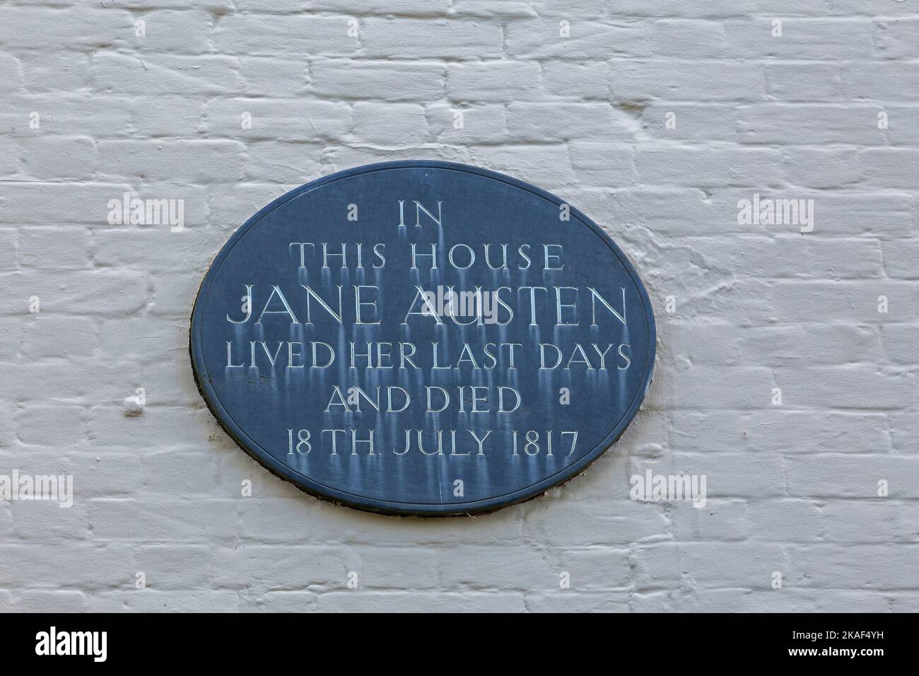 Panneau d'information, maison Jane Austen est mort à en 1817, Winchester, Hampshire, Angleterre, Grande-Bretagne Banque D'Images