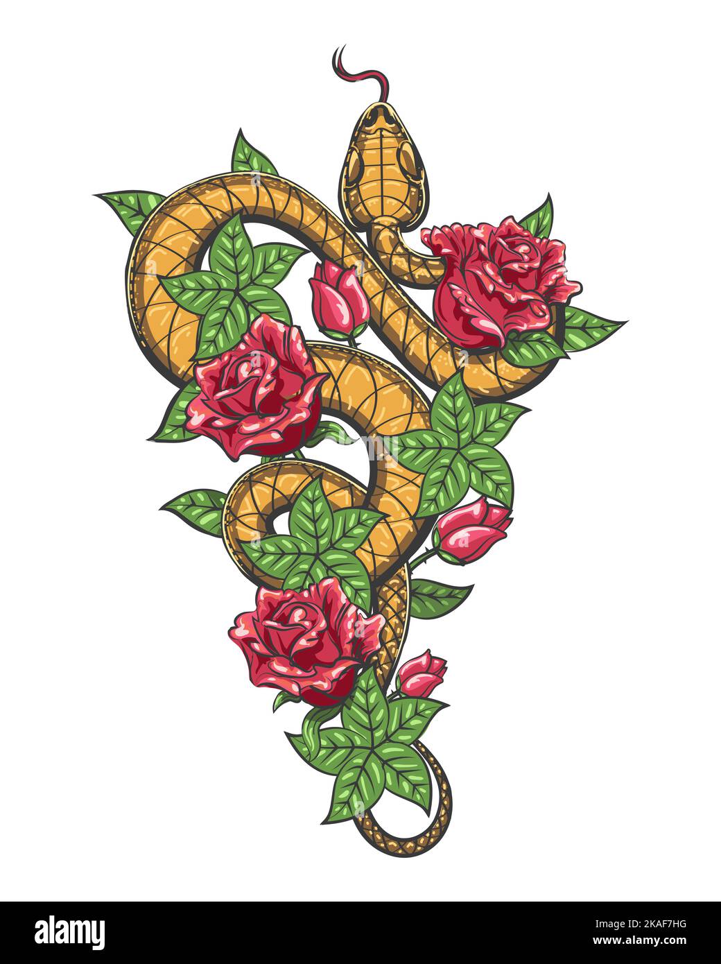 Tatouage coloré de serpent en roses fleurs isolées sur blanc. Illustration vectorielle. Illustration de Vecteur