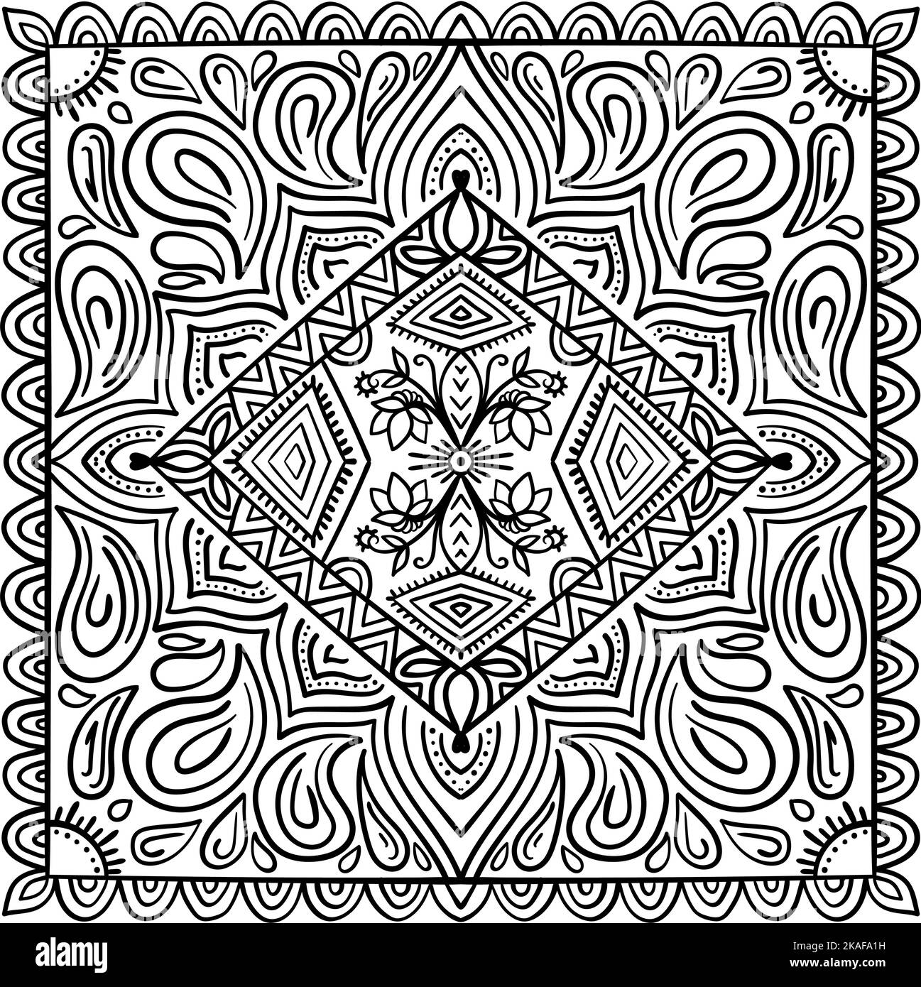 Arrière-plan ornemental avec motif traditionnel. Décoration ethnique. Design pour tapis, tapis de yoga, textile, carte de vœux, bannière. Page de livre de coloriage pour un Illustration de Vecteur