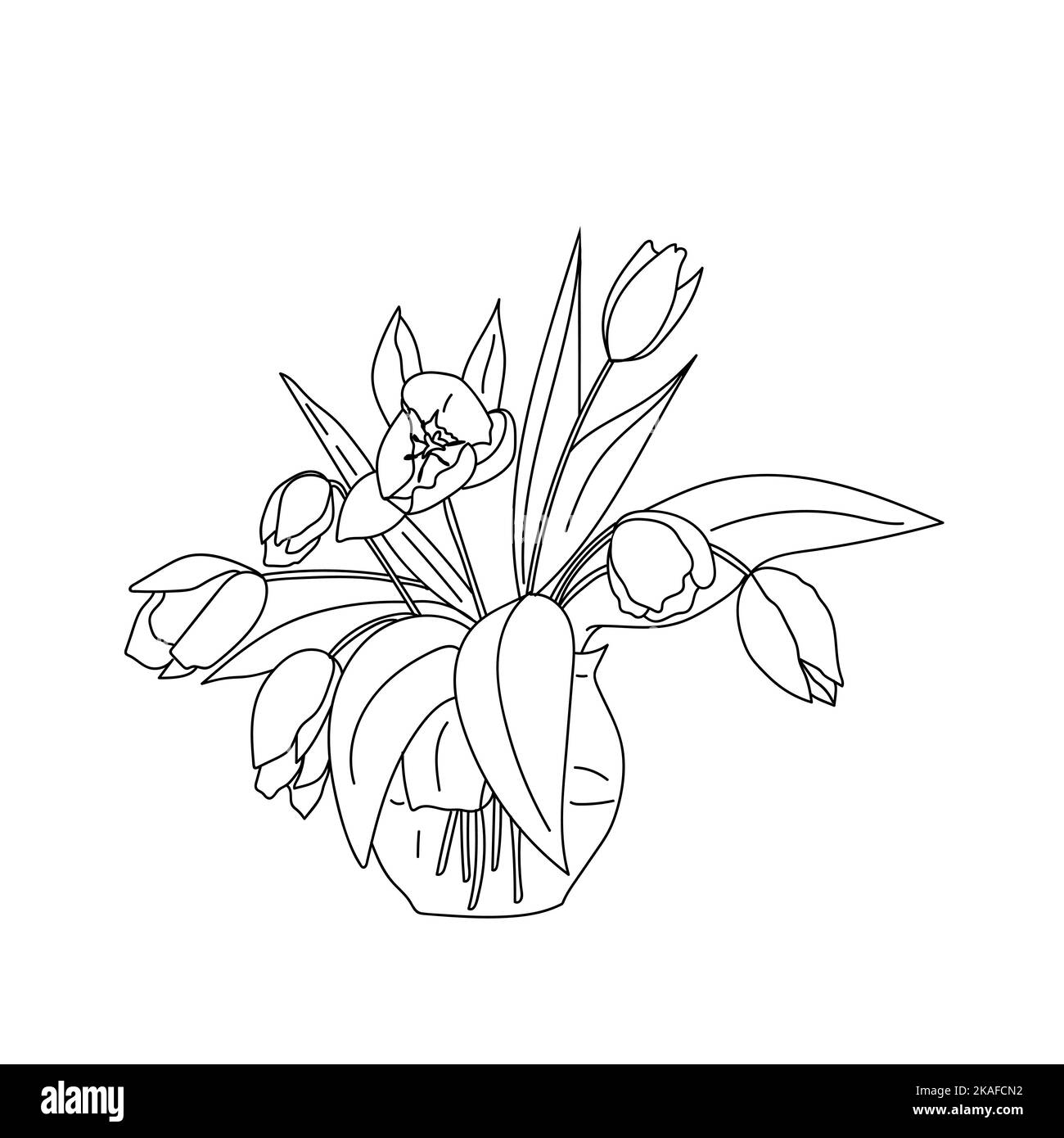 Bouquet de fleurs de tulipe de printemps dans un vase. Illustration vectorielle. Élément de conception pour affiche, livre de coloriage, autocollants, cartes Illustration de Vecteur