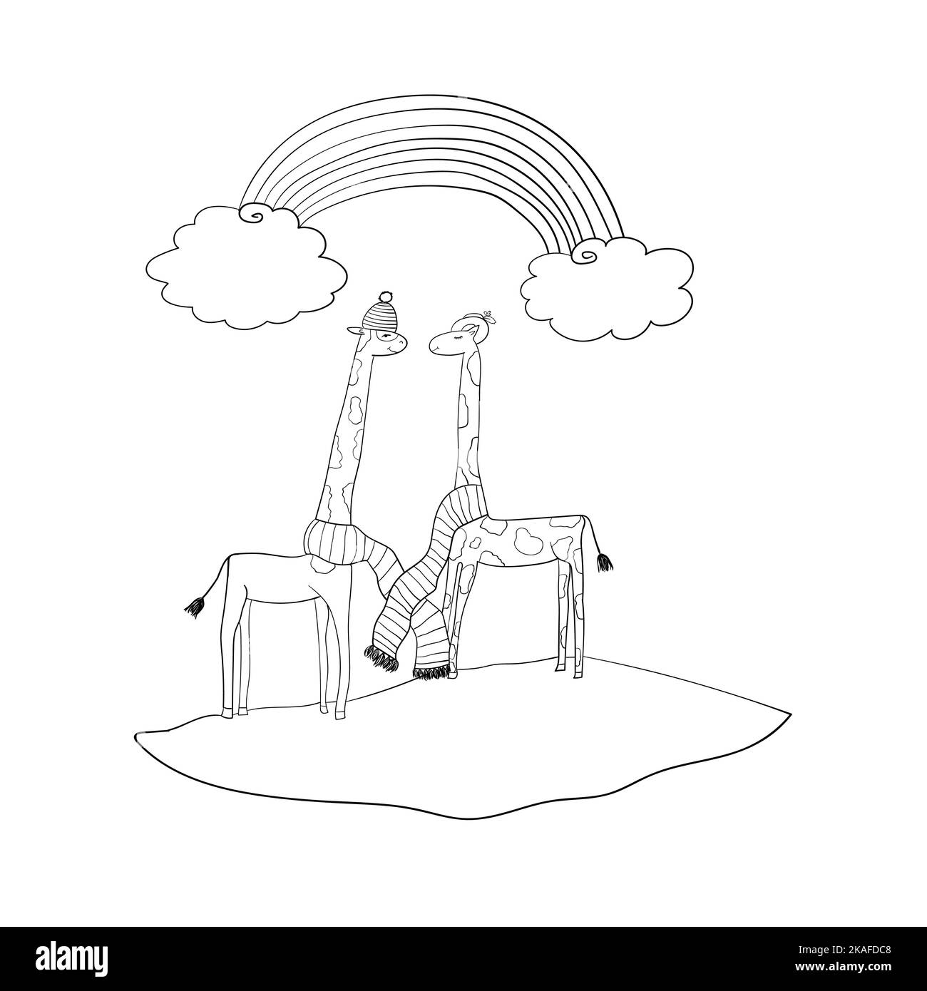 Deux mignons girafes, nuages et arc-en-ciel. Illustration de style dessin animé. Page de livre de coloriage. Illustration de Vecteur