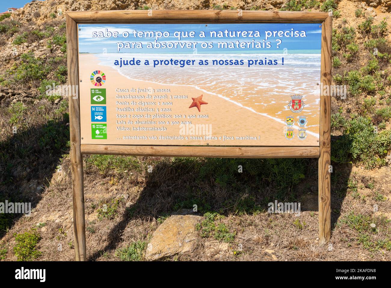 Un panneau d'information avec un avertissement sur la pollution sur les plages portugaises Banque D'Images