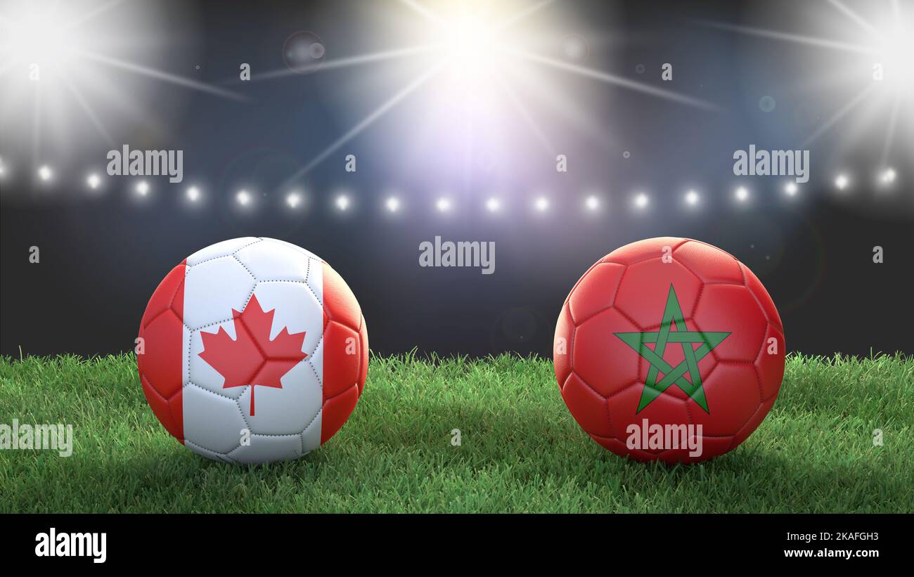 Deux ballons de football aux couleurs des drapeaux sur un fond flou du stade. Le Canada contre le Maroc. 3d image Banque D'Images