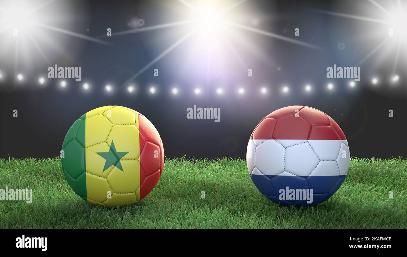 Deux ballons de football aux couleurs des drapeaux sur un fond flou du stade. Sénégal contre pays-Bas. 3d image Banque D'Images