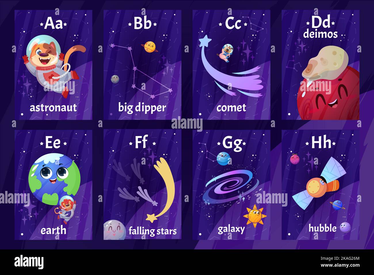 Flashcards de l'alphabet anglais avec lettres de A à H pour l'éducation des enfants. Cartes flash imprimables avec astronaute cartoon, planètes, constellation, vaisseau spatial galaxie pour apprendre des lettres et des mots à l'école Illustration de Vecteur