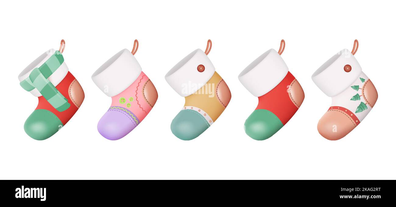 Lot de 3D articles de chaussette ou de boîte de Noël à motif vectoriel. Décorations de Noël isolées sur fond blanc. Illustration plastique brillant Illustration de Vecteur