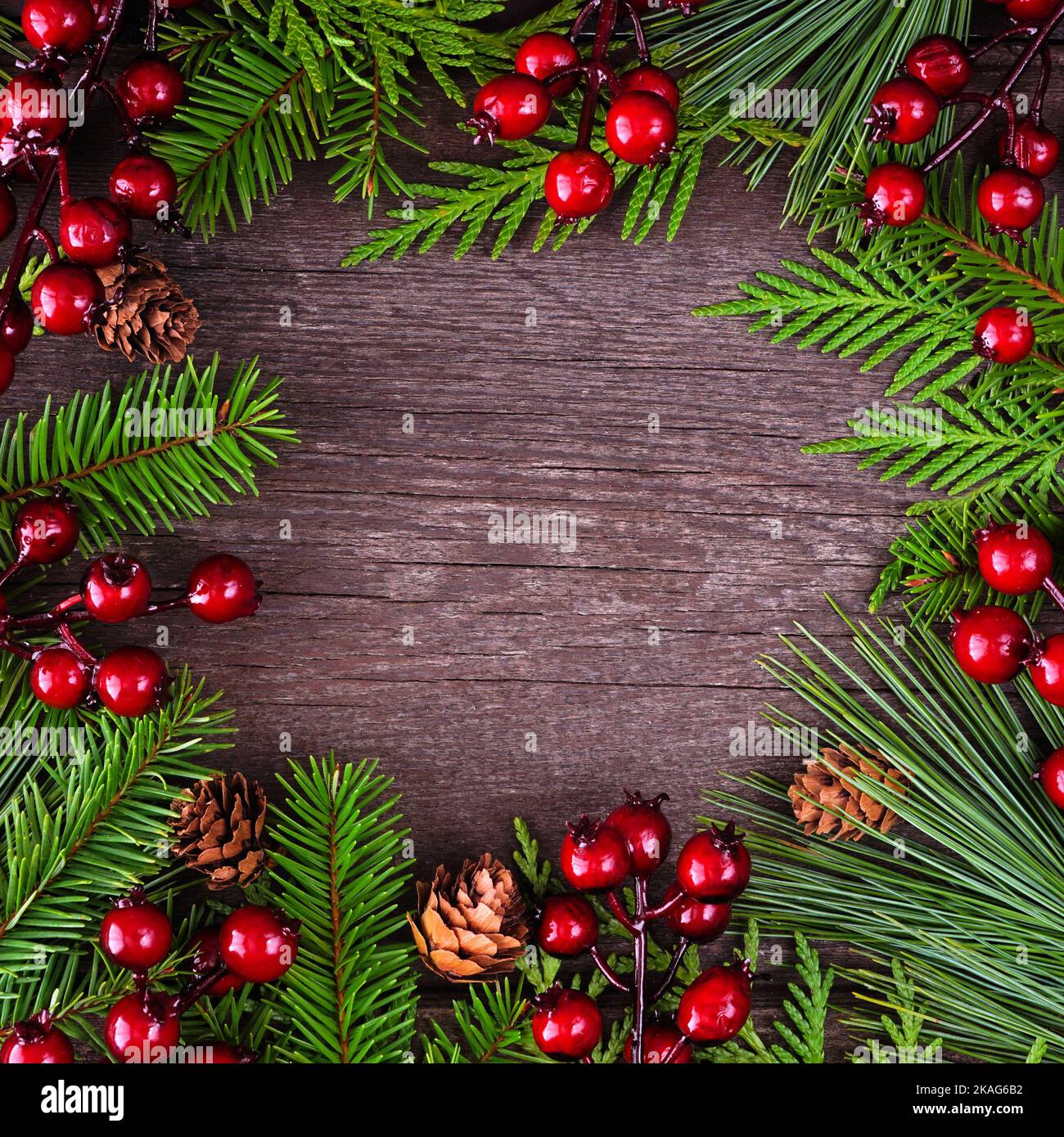 Cadre de Noël avec branches à feuilles persistantes, baies rouges et cônes de pin. Vue de haut en bas sur un arrière-plan carré en bois sombre avec espace de copie. Banque D'Images