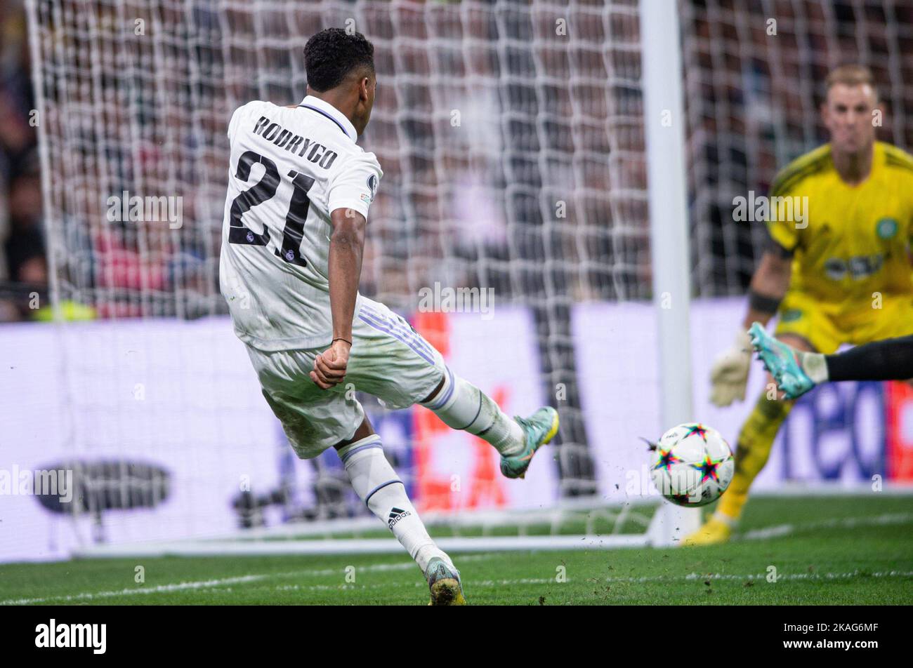 Madrid, Espagne. 02nd novembre 2022 ; Stade Santiago Bernabeu, Madrid, Ligue des champions, Real Madrid CF versus Celtic football Club ; Rodrygo prend des coups sur le but 900/Cordone Press Credit: CORDONE PRESS/Alay Live News Banque D'Images