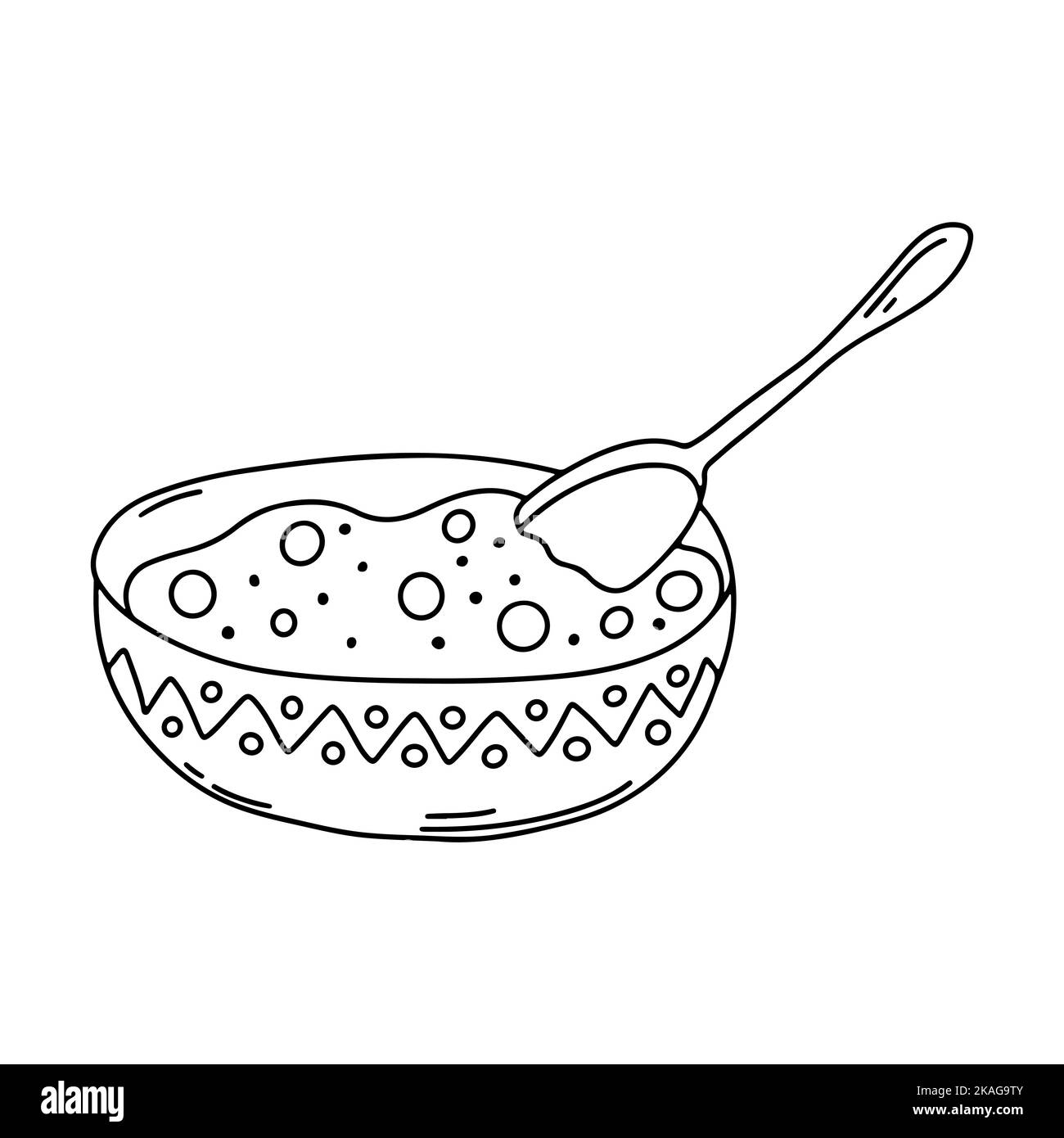 Plaque profonde en céramique avec porridge et cuillère. Illustration vectorielle en forme de doodle sur fond blanc. Illustration de Vecteur
