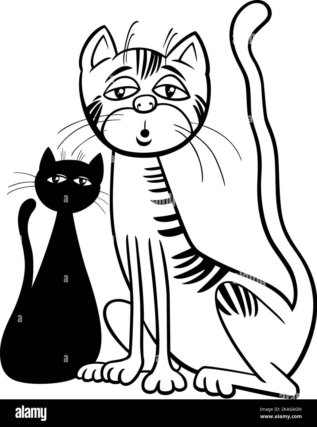 Dessin animé noir et blanc illustration de la page de coloriage de personnage de bande dessinée de chat surpris ou endormi Illustration de Vecteur