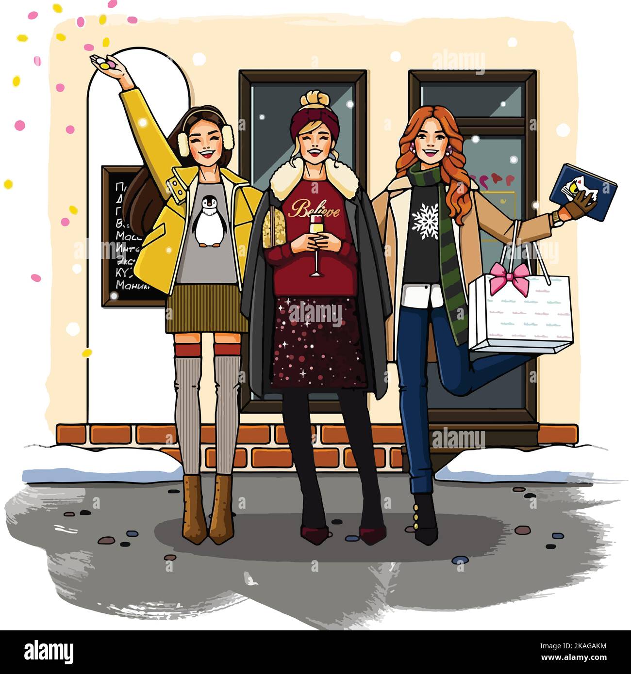 Illustration vectorielle Shopping Girls. Bonne jeune femme. Mode filles illustration. Téléchargez-le maintenant Illustration de Vecteur