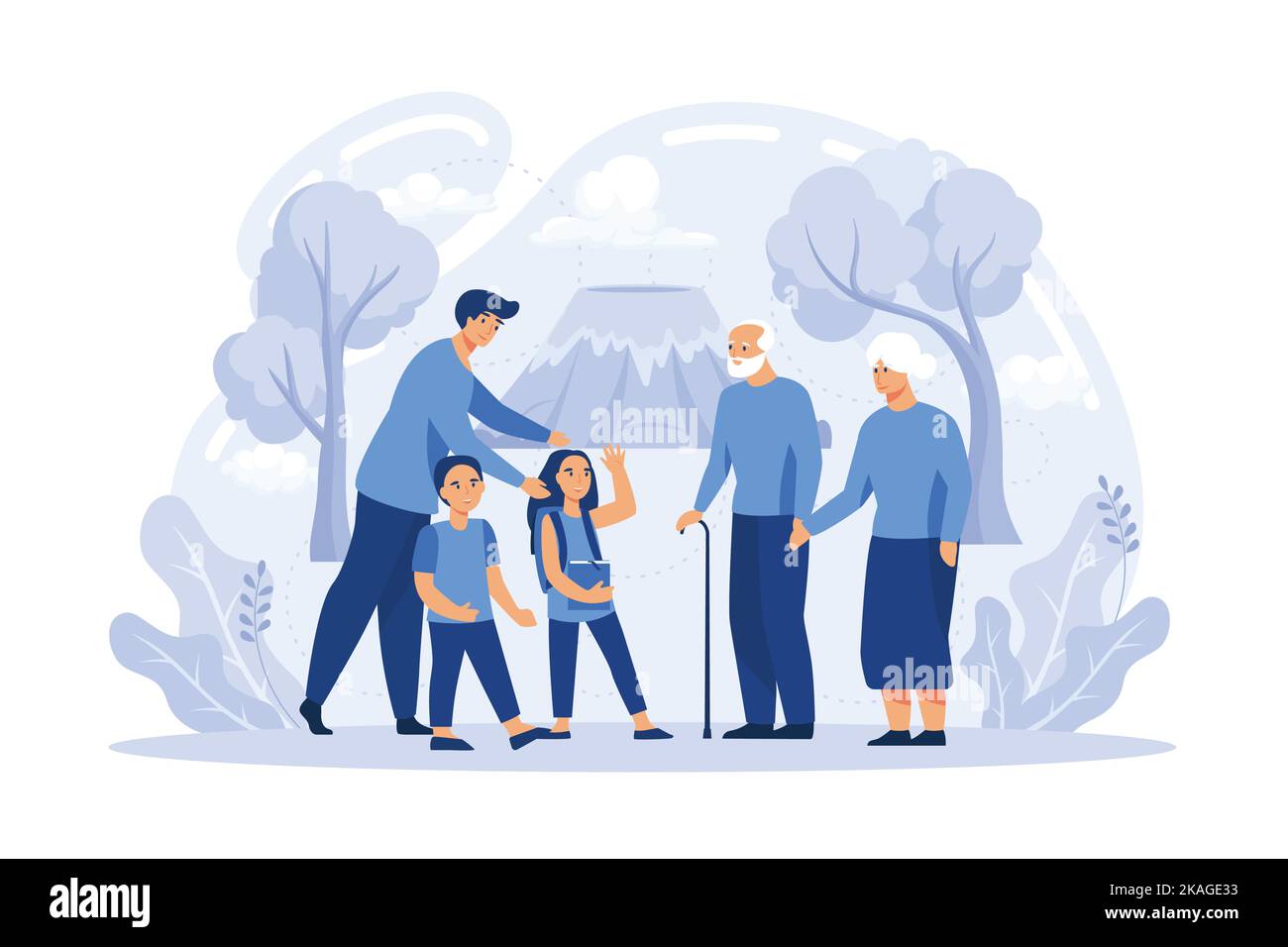 Illustration vectorielle plate pour une grande famille heureuse. Grand-mère, grand-père, mère, père, enfants, et pet. illustration moderne à vecteur plat Illustration de Vecteur