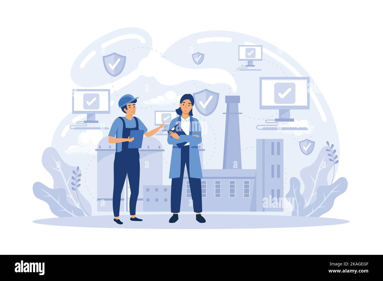 Développeurs, robot travaille à l'ordinateur portable avec loupe. Cybersécurité industrielle, robotique industrielle malware, protection de la robotique industrielle concept fl Illustration de Vecteur