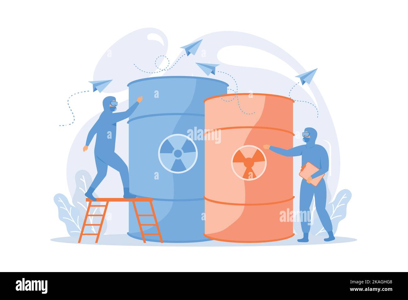 Barils radioactifs. Personnes en combinaisons de protection avec arme biologique. Produits chimiques. Substance toxique, fûts toxiques, danger nucléaire. Illustration de Vecteur