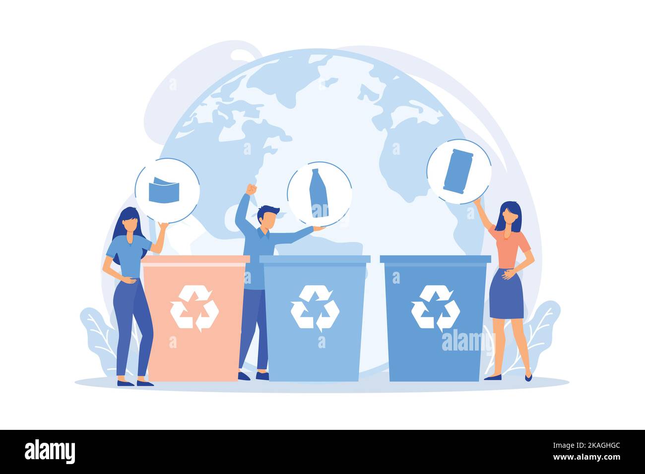 Des écologistes trient les ordures. Ségrégation des déchets. Système jetable. Responsabilité écologique. Poubelles, poubelles, idée de recyclage. Illustration de Vecteur