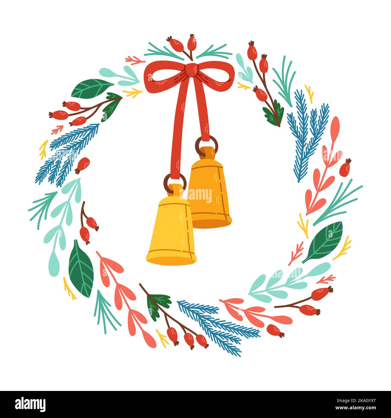 Couronne de Noël moderne avec ruban et cloches, isolée EPS10. Style dessiné à la main avec des branches et des baies simples. Illustration de Vecteur