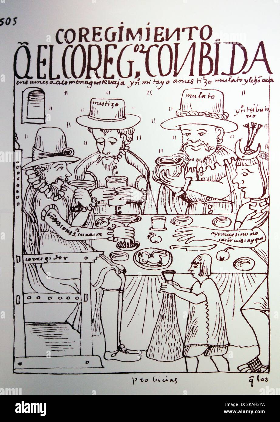 505.L'administrateur royal et ses invités à dîner de faible statut ; le métis, le mulâtre, et l'affluent indien.par Felipe Guamán Poma de Ayala (1535- 1616) Guamán Poma raconte comment l'espagne a construit l'empire colonial le plus vaste du 'Nouveau monde'' et la conquête d'un point de vue andin, en particulier les mauvais traitements des indigènes des Andes par les Espagnols, appelé la Nueva corónica y buen gobierno.Guaman. Banque D'Images