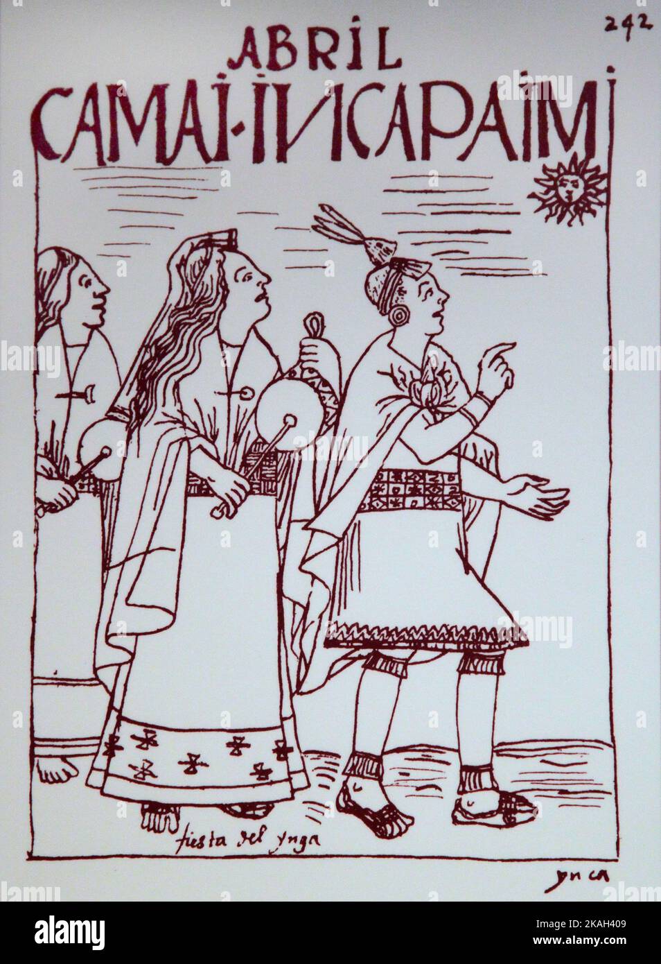 242. Festival inca d'avril. L'Inca et trois épouses. Par Felipe Guamán Poma de Ayala (1535- 1616) . Guamán Poma raconte comment l'espagne a construit l'empire colonial le plus vaste du 'Nouveau monde' et la conquête d'un point de vue andin, en particulier les mauvais traitements infligés aux indigènes des Andes par les Espagnols, appelés Nueva corónica y buen gobierno. Guaman Banque D'Images