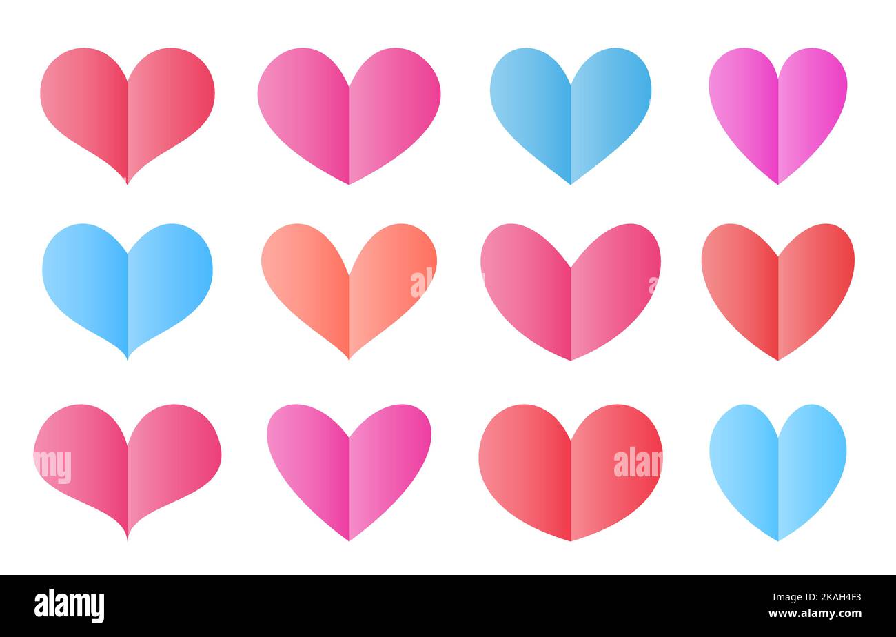 Jeu d'icônes coeurs en papier. Rouge rose bleu coeur forme origami cartes pliées. Décor Saint-Valentin. Symboles d'amour isolés sur blanc. Étiquette simple avec espace de copie pour les notes romantiques, le message, le texte de message d'accueil Illustration de Vecteur