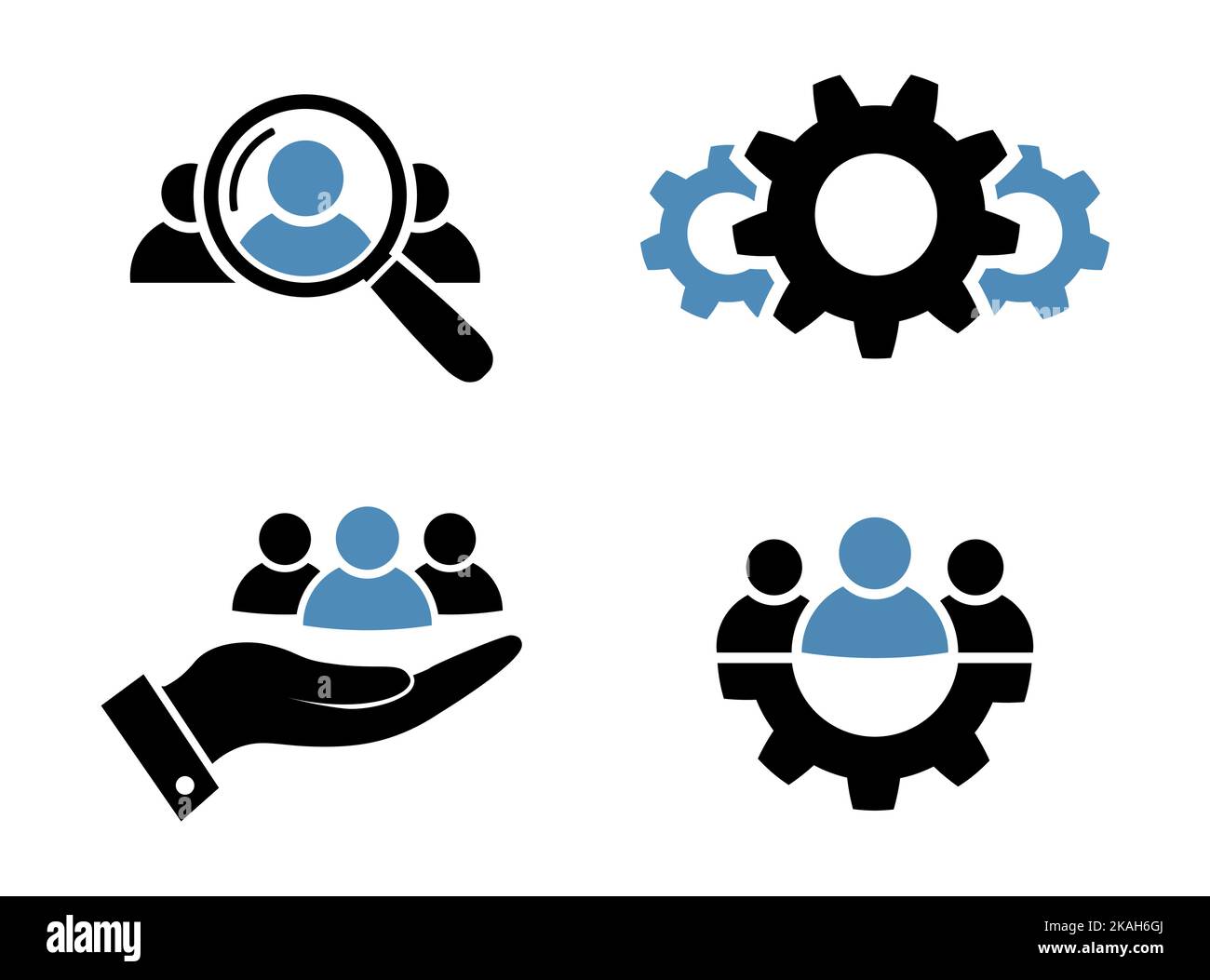 Recherche, fidélisation de la clientèle, processus et travail d'équipe icônes de style plat Rechercher homme, progrès, service à la clientèle et leadership symboles Noir et bleu bu Illustration de Vecteur