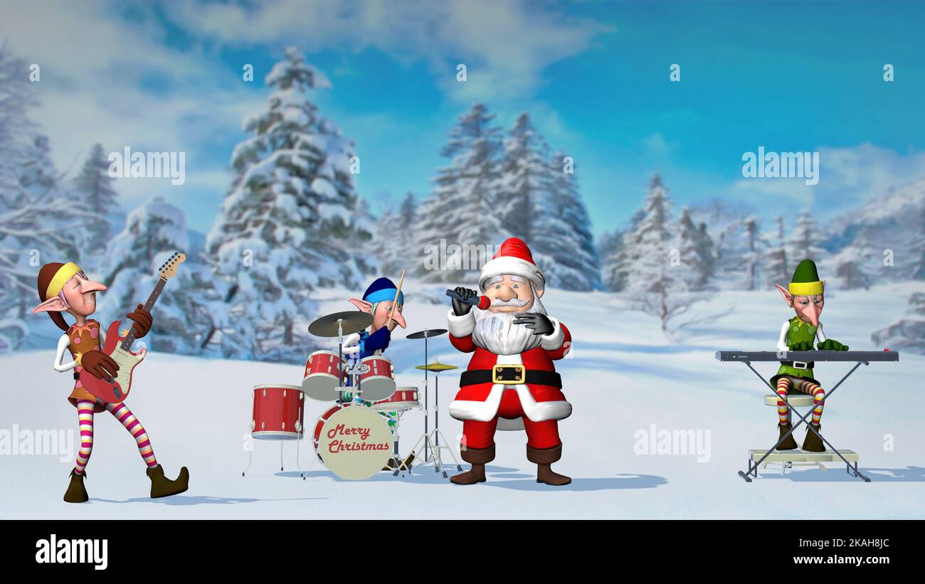 Le Père Noël et les élfs jouent des instruments de musique dans la ville hivernale de Noël. Le concept de Noël et du nouvel an. 3D Noël rendu Banque D'Images