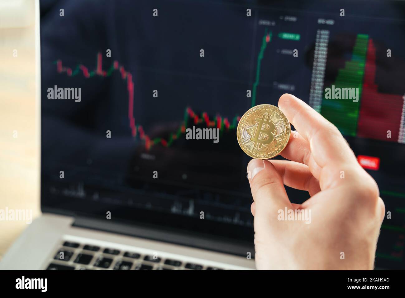 Image en gros plan des mains masculines tenant le bitcoin doré sur l'arrière-plan avec écran d'ordinateur portable avec des données de graphique financier, crypto Trader vérifiant et contrôlant la base de données financières sur les échanges internationaux Banque D'Images