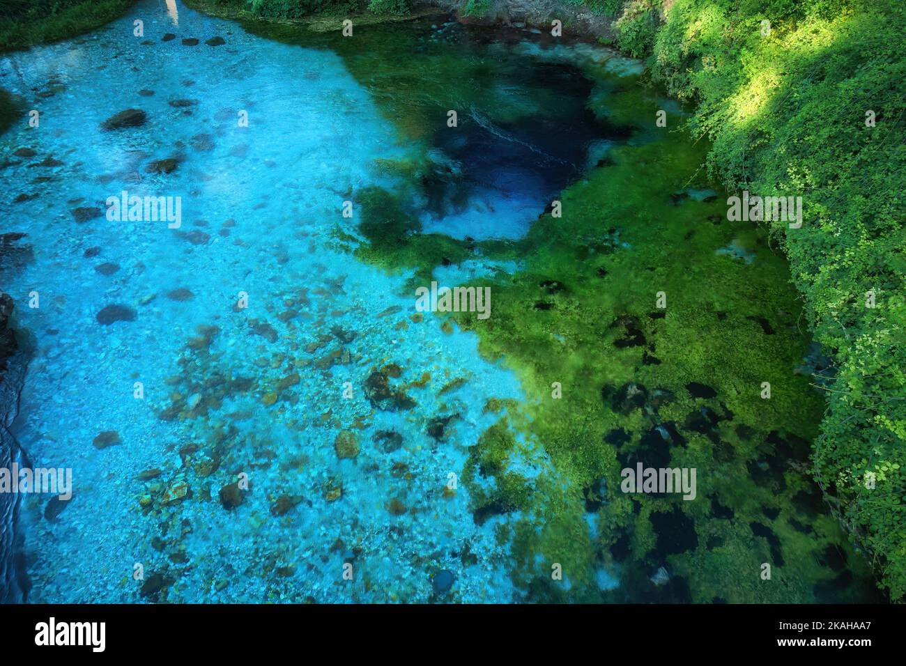 Blue Eye, source profonde de grotte karstique de la rivière Bistricë, Albanie. Clair, bleu-vert, eau fraîche, vue pittoresque de la vraie nature pure, aérienne, perpendi Banque D'Images