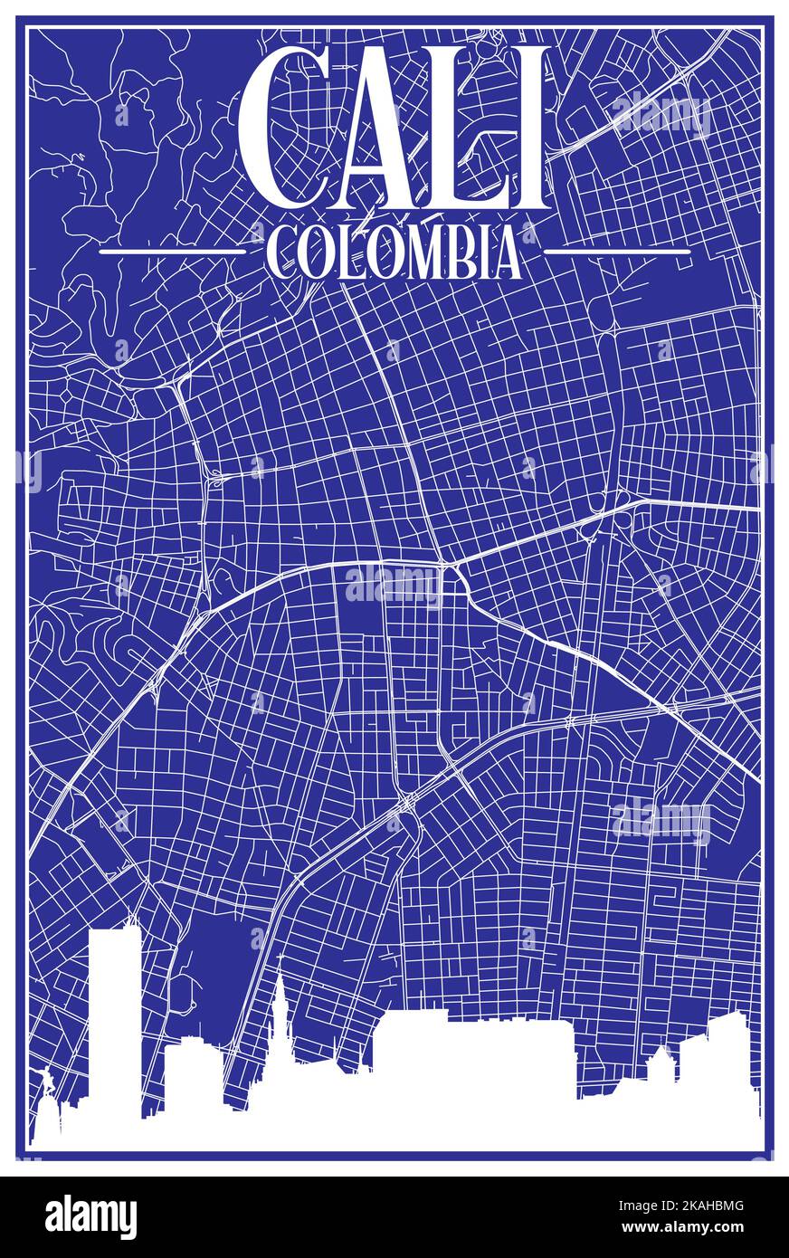 Carte du réseau des rues du centre-ville DE CALI, COLOMBIE, imprimée à la main, d'époque bleue, avec des gratte-ciel et des lettres en relief Illustration de Vecteur