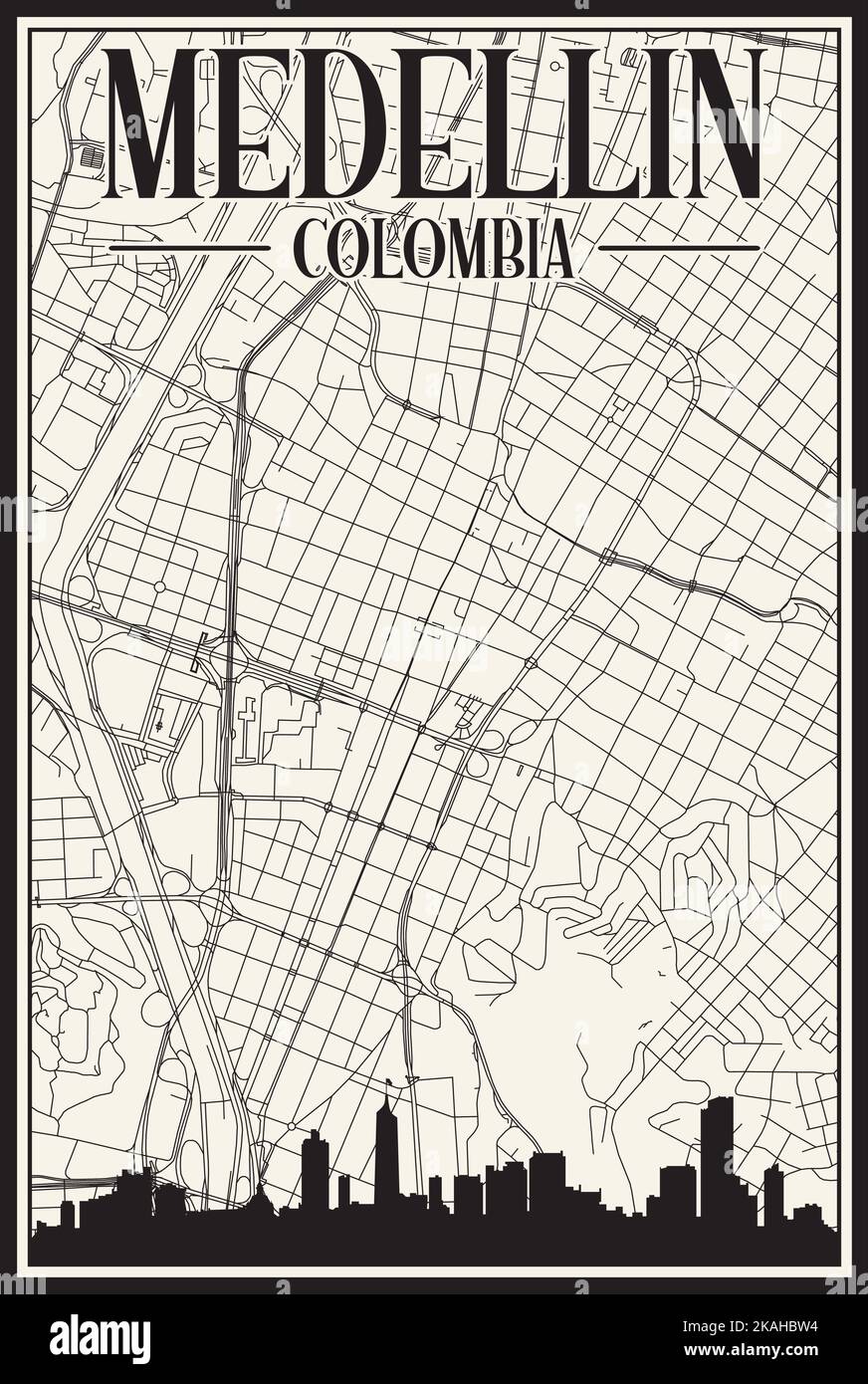 Carte du réseau des rues du centre-ville DE MEDELLIN, COLOMBIE, imprimée à la main, d'époque blanche, avec des gratte-ciel et des lettres en relief Illustration de Vecteur