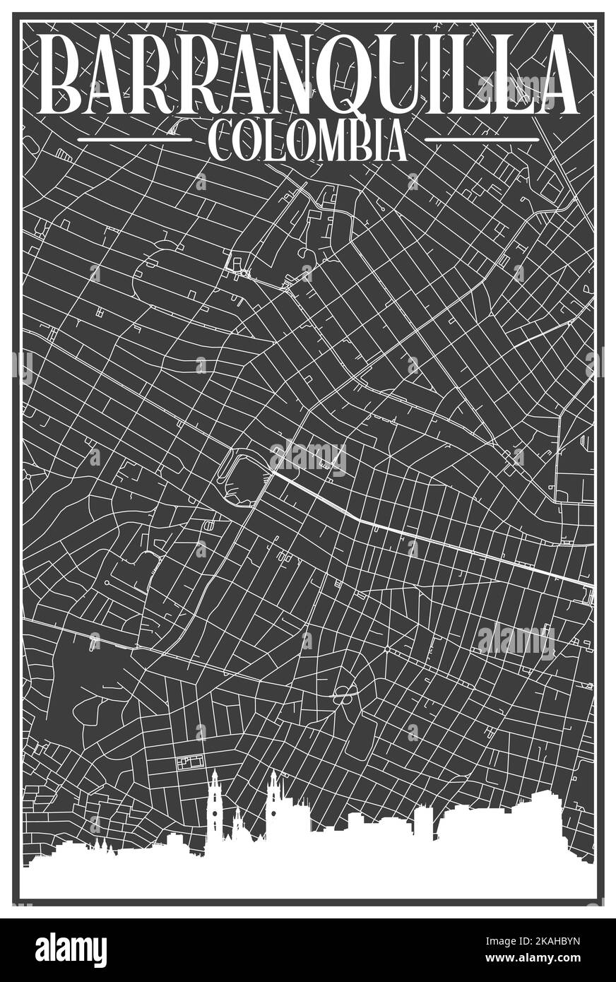 Carte du réseau des rues du centre-ville DE BARRANQUILLA, COLOMBIE, imprimée à la main, d'époque noire, avec des gratte-ciel et des lettres en relief Illustration de Vecteur