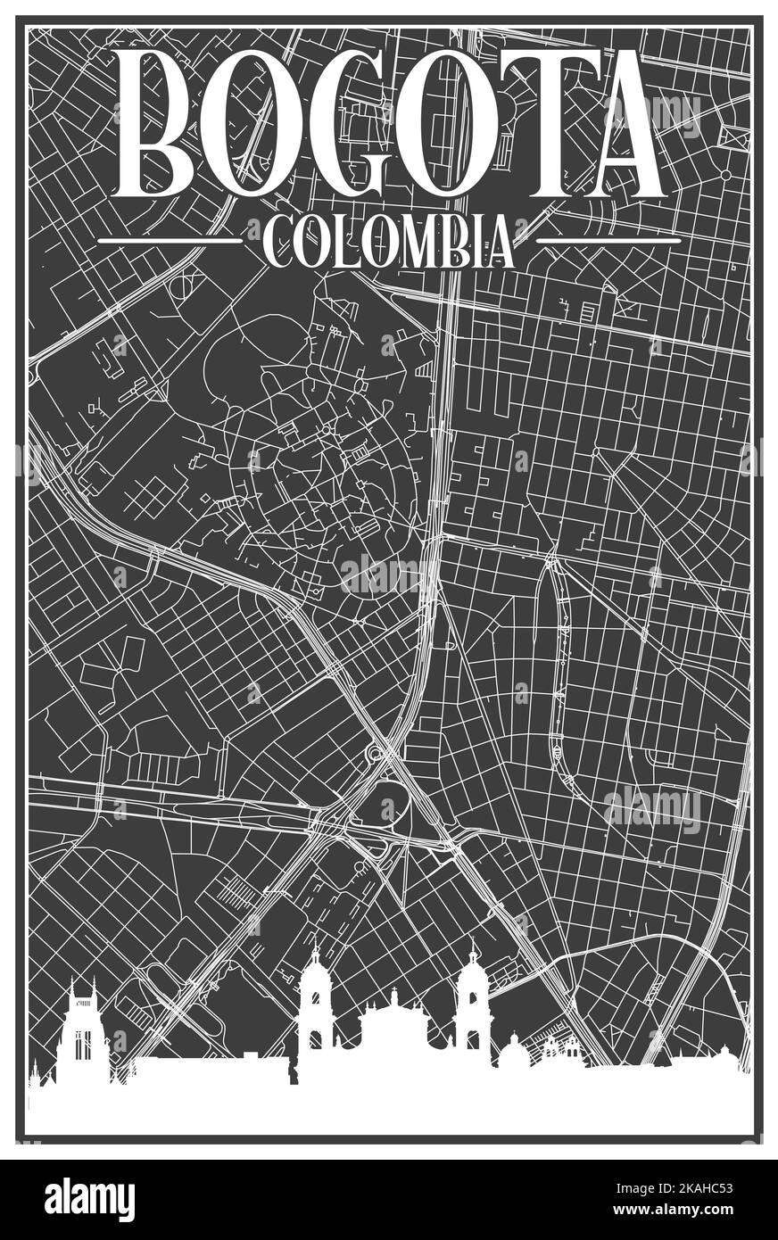 Carte du réseau des rues du centre-ville DE BOGOTA, COLOMBIE, imprimée à la main, d'époque noire, avec des gratte-ciel et des lettres mis en évidence Illustration de Vecteur
