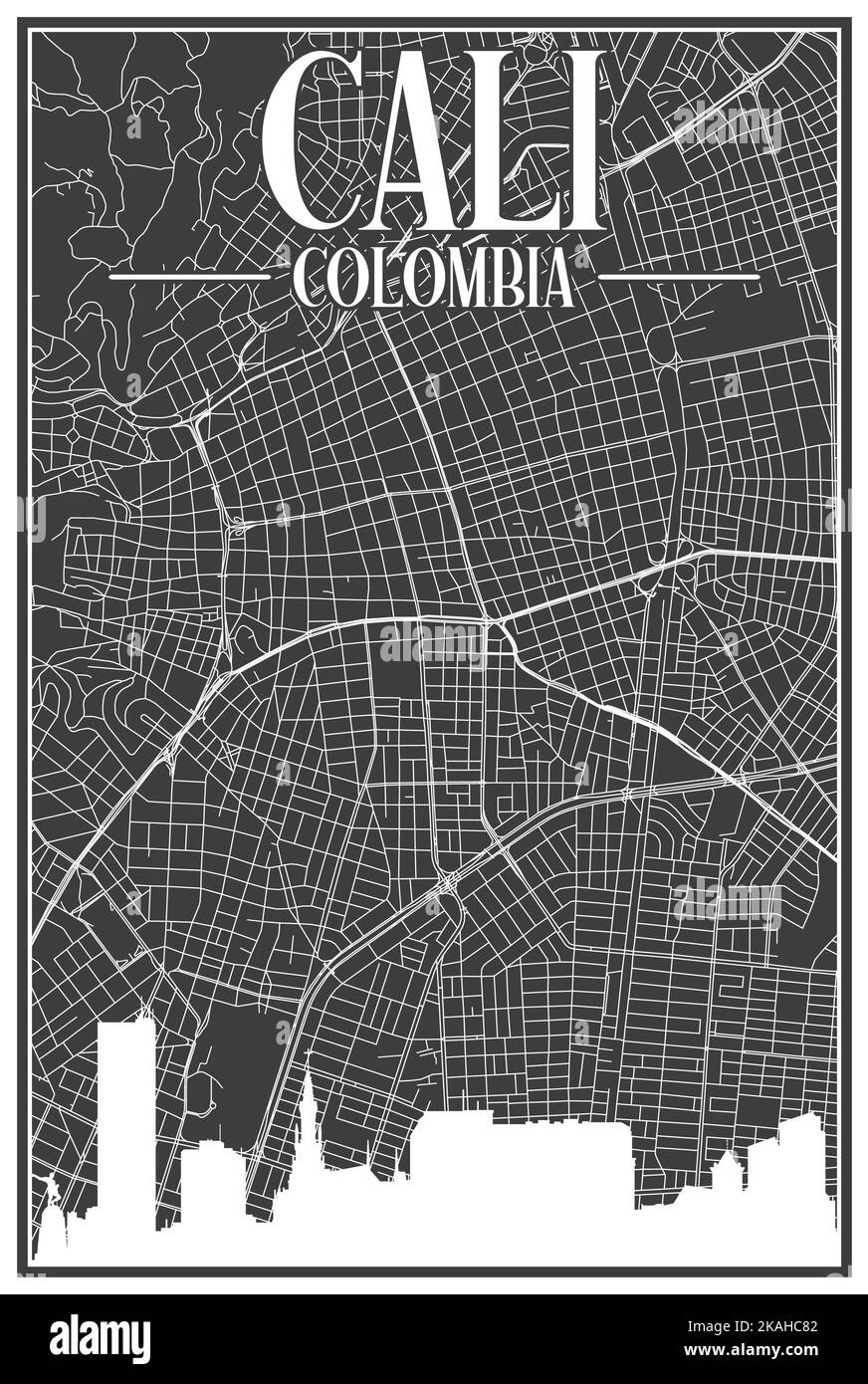 Carte du réseau des rues du centre-ville DE CALI, COLOMBIE, imprimée à la main, d'époque noire, avec des gratte-ciel et des lettres en surbrillance Illustration de Vecteur