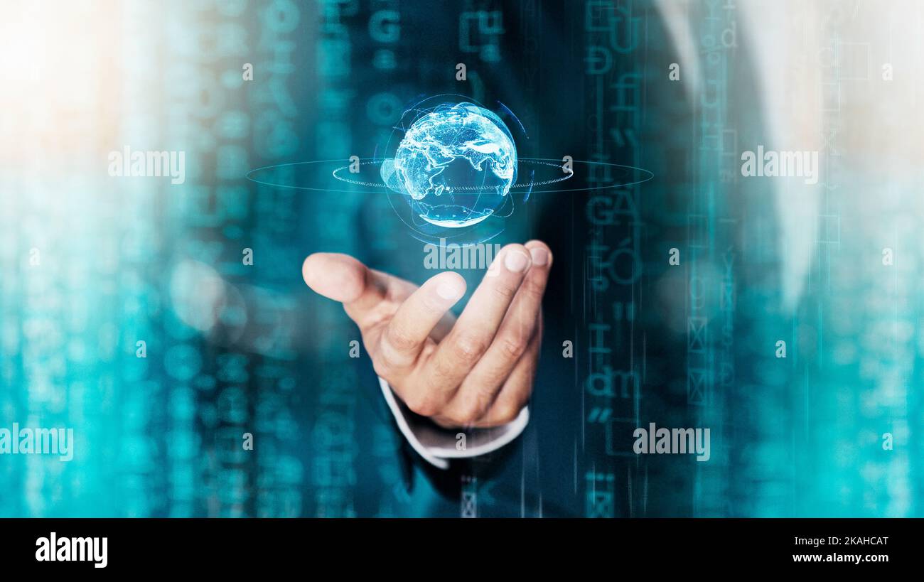 Superposition numérique, hologramme terrestre et futur technologique mondial futuriste de la connexion réseau, de l'infrastructure iot en ligne et des logiciels de Cloud computing Banque D'Images